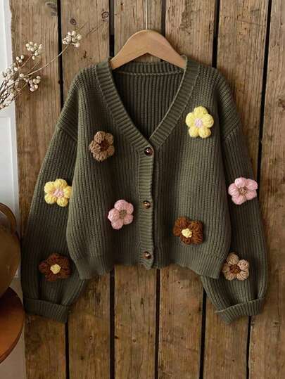 Contrast Color 3D Floral Knit Cardigan, Loose V-Neck Short Style Youthful Women's Sweater Sweater, Macaron 3D Floral Knit Cardigan Versatile Casual & Date Top