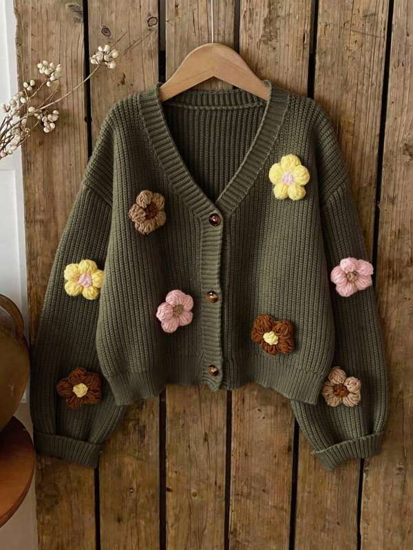 Cárdigan de punto con flores 3D de color contrastante, suéter suelto de estilo corto y cuello en V para mujeres jóvenes, cárdigan de punto con flores 3D tipo macaron, versátil para uso casual y de cita