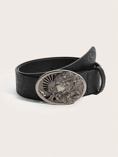 1条女士椭圆形扣环印花休闲朋克复古宫廷风派对街头性感优雅PU皮革休闲百搭女王腰带，适合所有季节