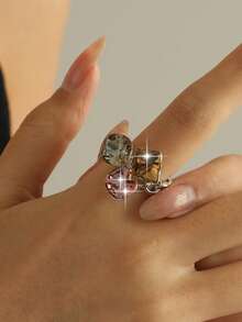 1 pieza Anillo de estilo chica cool y divertido con diseño geométrico sólido y colorido, creativo con cadena hueca, exquisito anillo de CZ para novia, cumpleaños, vacaciones, joyería de cobre - Multicolor - Ver 5