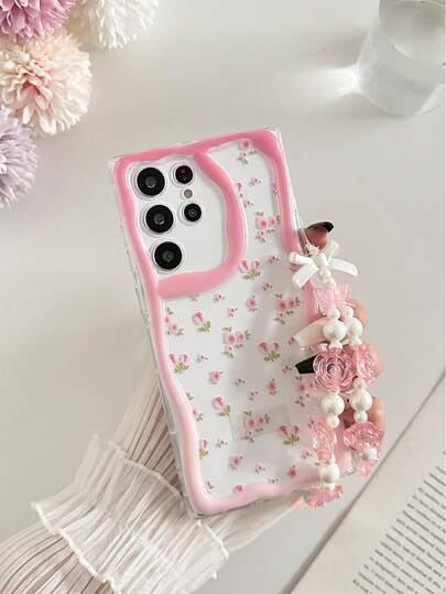 Cream Textured Wavy Edge Floral Painted Anti-Drop Phone Case With Beaded Bracelet Accessory, Compatible With IPhone 17pro/17Air /17/17promax16/11/16pro/16plus/16promax/16e/15Promax/13/14/12/XS/XR/7G/8P, Galaxy S25/S25PLUS/S25 Ultra/A16/A36/A26/A56/A50/A12/A32/A52/A72/A51/A21S/A13/A14/S24/S24PLUS/S24Ultra,S22/A52/A53/A54/A55S23/, 11/12Pro/12/12X/13Pro/14Pro/15Pro/, 10/9/Note9/12c/Note11pro/Note8Pro
