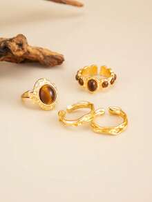 4pcs/Set Bohemian Style Asymmetrical Gemstone Inlaid Fashion Rings Set, Luxurious Casual Party Daily Wedding Holiday Versatile Charm Jewelry Gift For Women - Ring - View 7