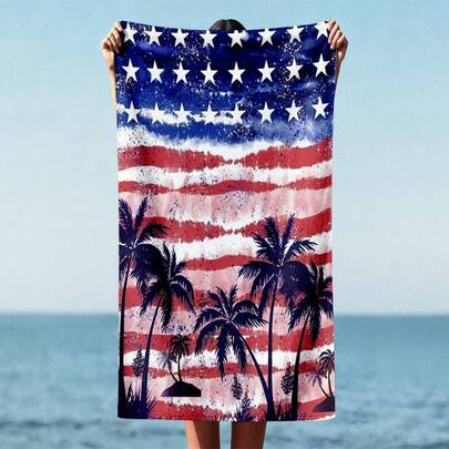 1条柔软爱国热带度假印花超细纤维沙滩巾，适用于海滩、游泳池、露营、旅行、浴室、健身、瑜伽等场合，极其舒适，时尚美观，超强吸水，轻便易携，防风防晒，夏季旅行防沙，浴室装饰。