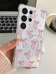 1pc Cute Pink Glitter Star & Bow Shockproof Transparent Card Holder Phone Case Compatible With Samsung Galaxy S25 S24 S23 S22 Ultra/A12 A13 A14 A15 A16 A34 A35 A36 A53 A54 A55 A56 A04 A05 A06 A07/Note 10 20/ 10C 12C 13C 14C /Honor X7B X7C X8 X8C X9 X9A X9B X9C/ C67 C65 C55 C53 C35 C33 C31 C30 C25 C21Y C21 C11 - White - View 1