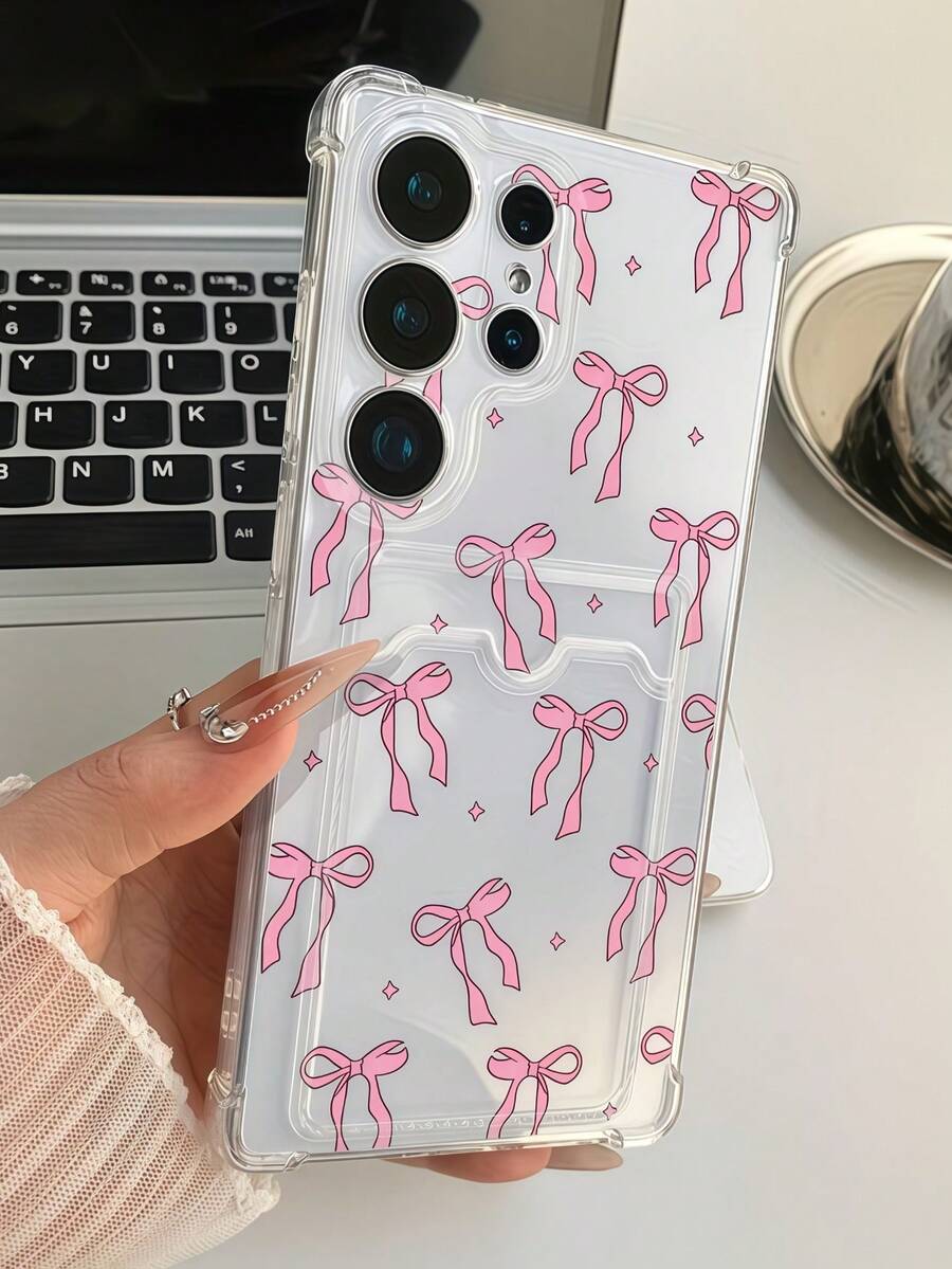 1pc Cute Pink Glitter Star & Bow Shockproof Transparent Card Holder Phone Case Compatible With Samsung Galaxy S25 S24 S23 S22 Ultra/A12 A13 A14 A15 A16 A34 A35 A36 A53 A54 A55 A56 A04 A05 A06 A07/Note 10 20/ 10C 12C 13C 14C /Honor X7B X7C X8 X8C X9 X9A X9B X9C/ C67 C65 C55 C53 C35 C33 C31 C30 C25 C21Y C21 C11 - White - View 1