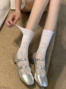 1/3 Pairs Women's Summer Thin Lace White Mid-Calf Socks, Lace Trim Design, Versatile, Breathable Mesh Knit, Soft & Comfortable, Suitable For All Seasons - Multicolor - View 2