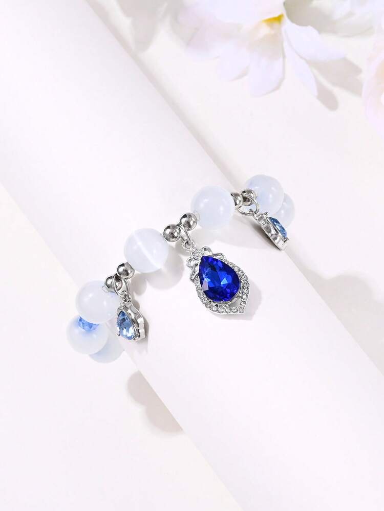 1件高端优雅水滴形蓝钻吊坠猫眼石串珠手链，时尚单品，适合女性日常佩戴、周年纪念、生日、节日礼物 - 彩色 - 查看 3