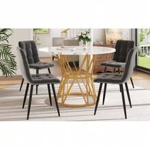 Dining Set (5 Pieces), Including A Table And Four Chairs, A Modern Kitchen Set, A 100cm Diameter Round Table With Metal Legs And Marble Effect MDF Top, And Grey Velvet Dining Chairs. - Grey - View 2