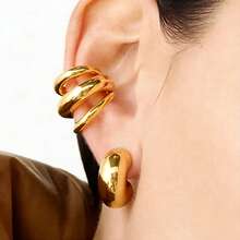 1pc Geometric Minimalist Ear Clip, 18K Gold Plated Stainless Steel Ear Clip For Women, High-End Fashion Elegant Earrings, 304 Stainless Steel Ear Clip Minimalist High-End Style Personalized Jewelry, Holiday Gift/Daily Matching Multi-Use Design, Suitable For Daily Gatherings And Parties, Gift For Girlfriend And Wife - Multicolor - View 2