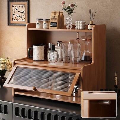 1/2pcs Multi-Function Desktop Storage Solution, Suitable For Kitchen, Office, Bedroom And Dorm | Great For Holding Coffee Cups And Daily Items - Natural Bamboo Storage Rack, Double-Layer Bamboo Kitchen Organizer With Dust Cover, Spice Jar Rack, Desktop Organizer For Cups, Seasonings, Books And Potted Plants - Versatile Storage Rack, Ideal For Home And Office Use