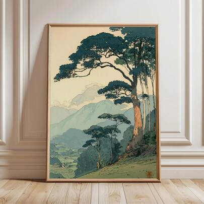 1pc 2D Flat, Vintage Japanese Forest Poster, Mountain Landscape Wall Art, Retro Natural Print, Minimalist Tree Scene, Peaceful Home Decor