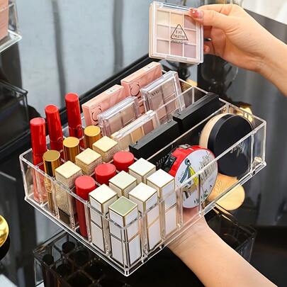 1PC Acrylic Lipstick Organizer, Adjustable Eyeshadow Palette Storage Box, Perfume Storage Holder, Multifunctional Pen Holder, Lipstick Cosmetic Storage Cushion Foundation Holder For Makeup Vanity Display, Suitable For Bedroom, Bathroom, Study, Office