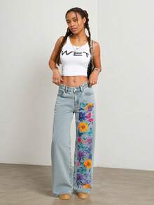 Women's Wide-Leg Ripped Jeans NZ001 |   Casual Street Style, Suitable For All Seasons, Long Length, Slightly Stretchy Fabric, Floral And Butterfly Colorful Pattern Print, Pocket Details, Perfect Gift For Christmas, New Year, And Valentine's Day - 風格 - 查看 2