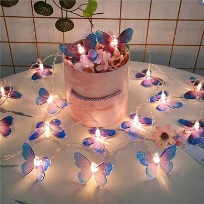 1 Set Of 10/20 Battery Operated Purple Transparent Butterfly Shaped LED String Lights, Suitable For Children's Room, Home Bedroom, Indoor/Outdoor Garden, Wedding Party, Holiday Decoration, Ramadan Decoration, Eid Al-Fitr Gift, Eid Al-Fitr Children's Gift, Ramadan Lighting, Happy Eid Al-Fitr