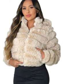 College Jacket In Felted Wool, Women's Jacket, Puffer Jacket - Beige - View 2