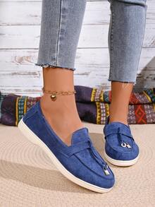 Giày lười nữ thời trang màu trơn mũi tròn thoáng khí, giày búp bê đế mềm mại thoải mái, kiểu dáng thường ngày, có khóa cài trang trí tua rua. - Màu xanh lam - Xem 5