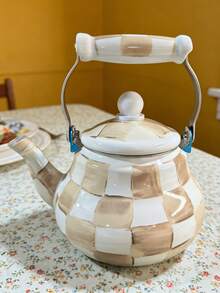 1 Set Checkered Pattern Teapot/Coffeepot, Versatile Style Suitable For Kitchen, Living Room And Patio, Great Gift Item - Gray and White - View 13