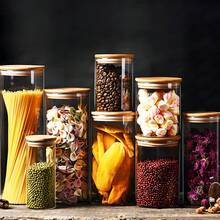 1pc Food Storage Jar With Airtight Wooden Lid, Food Container For Storing Pasta, Nuts, Flour, Kitchen Glass Jar, Pantry Organization And Storage, Glass Jar Width 6.5 - Clear - View 6
