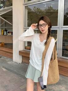 法式薄纱V领宽松防晒长袖T恤上衣，夏季 - 白色 - 查看 3