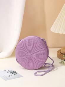 1个圆形编织草编斜挎包，迷你单肩包，轻便沙滩包，带拉链，适合女孩、青少年、旅行者、海滩、旅行、暑假、野餐、户外音乐节、派对等场合。 - 圓草編 - 查看 7