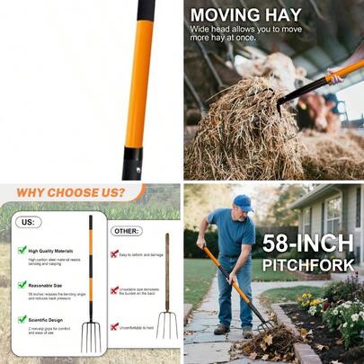 5 Tine Pitchfork Gardening, Heavy Duty Pitchfork With Fiberglass Handle, Garden Fork For Mulching, 58 Inches