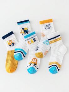 5双装儿童（1-16岁）春夏网眼袜，卡通汽车图案，透气中筒袜，男女通用婴儿/幼儿袜，男童袜 - 彩色 - 查看 2