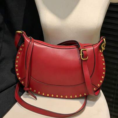 IS 2026 New French Classic Retro Rivet Classic Half-Moon Bag, Heavy Industry Rivet Design, Crescent-Shaped Genuine Leather Shoulder Bag, Suede Plain Crossbody Bag, Retro Style, Personality Fashion Handbag