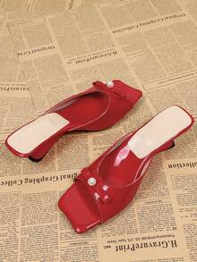 Giày sandal cao gót mũi vuông đính ngọc trai dành cho nữ, sandal hở gót kiểu dáng thường ngày cho mùa hè. - Đỏ - Xem 2