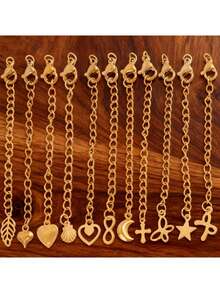 10 pezzi/lotto Catena di estensione in acciaio inossidabile con fermagli a moschettone, connettori a forma di foglia, fiocco, conchiglia, luna, croce, stella e cuore, per realizzazione di gioielli fai-da-te, accessori per braccialetti e collane con catena di prolunga - Catena a coda fai da te - Visualizzare 12