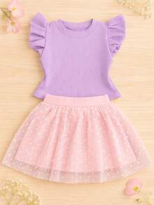 Girls' Outfit Set: Tulle Shorts Skirt With Ruffle And Cropped Top With Ruffled Frills, Pleated, Spring And Summer CJI043 - Baby Pink and Lilac - View 1