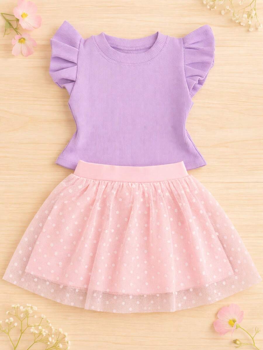Girls' Outfit Set: Tulle Shorts Skirt With Ruffle And Cropped Top With Ruffled Frills, Pleated, Spring And Summer CJI043 - Baby Pink and Lilac - View 1