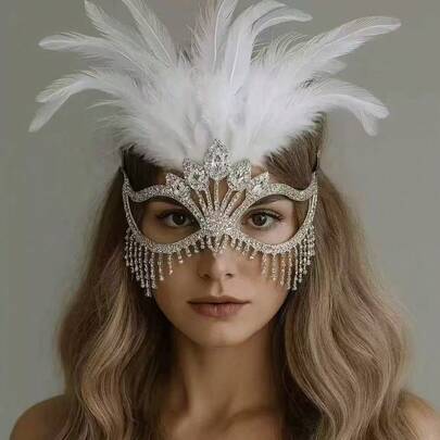 1 Piece Feather & Rhinestone Mask, 1 Piece Rhinestone Tassel Halloween Stage Singer Mask, 1 Piece Women's Watch