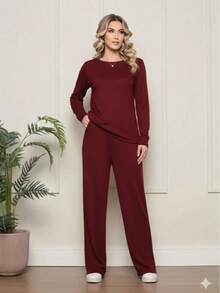 Basic Women's Lanzinha Pants And Blouse Set - 酒紅色 - 查看 1