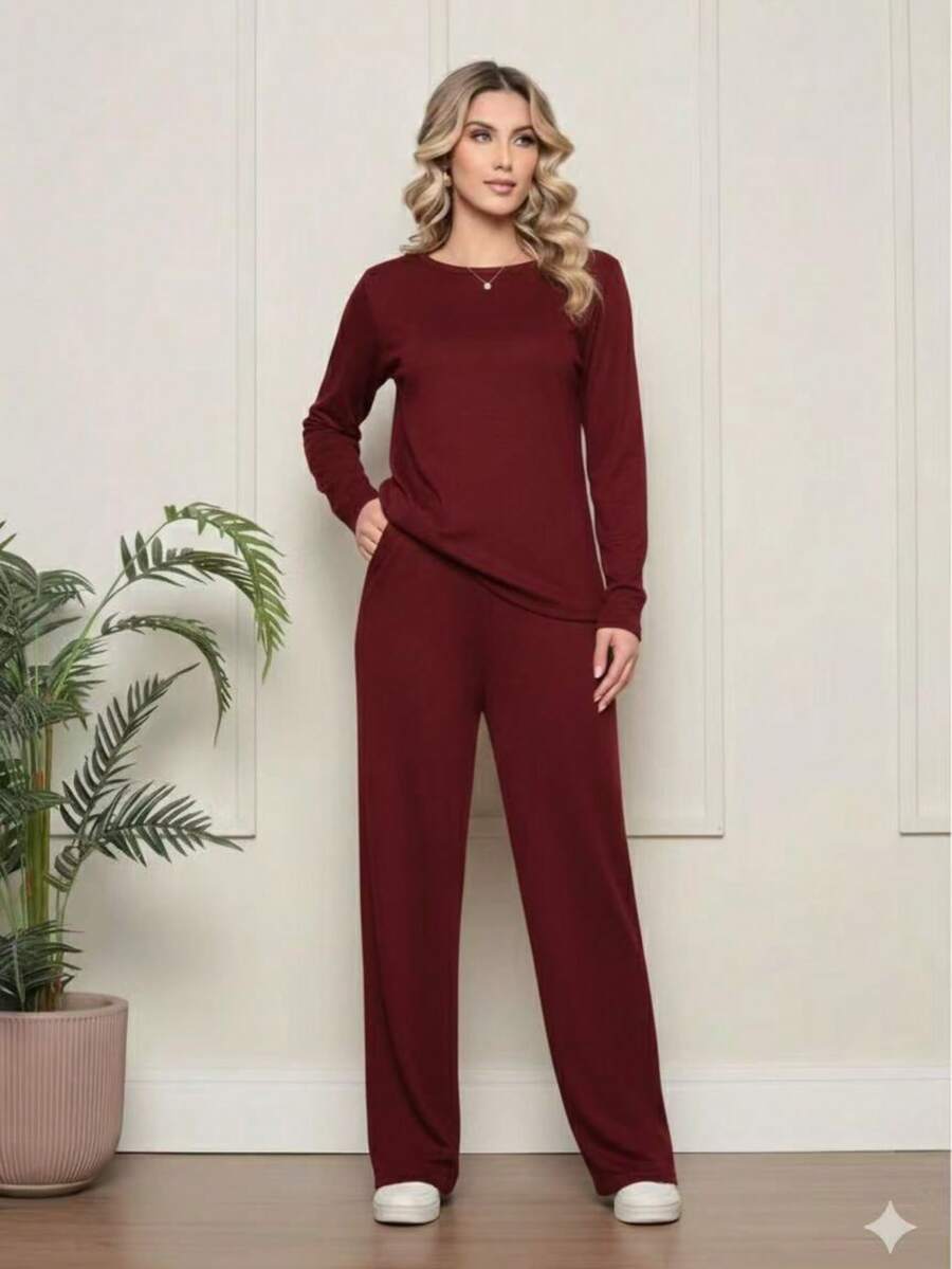 Basic Women's Lanzinha Pants And Blouse Set - 酒紅色 - 查看 1