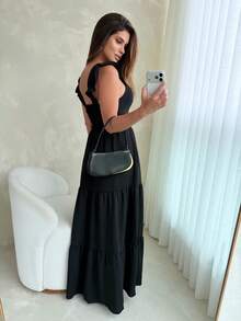 Long Dress With Lace Detail At The Waist In Duna Fabric - Black - View 2