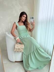 Long Dress With Lace Detail At The Waist, Duna Fabric. - Mint Green - View 3