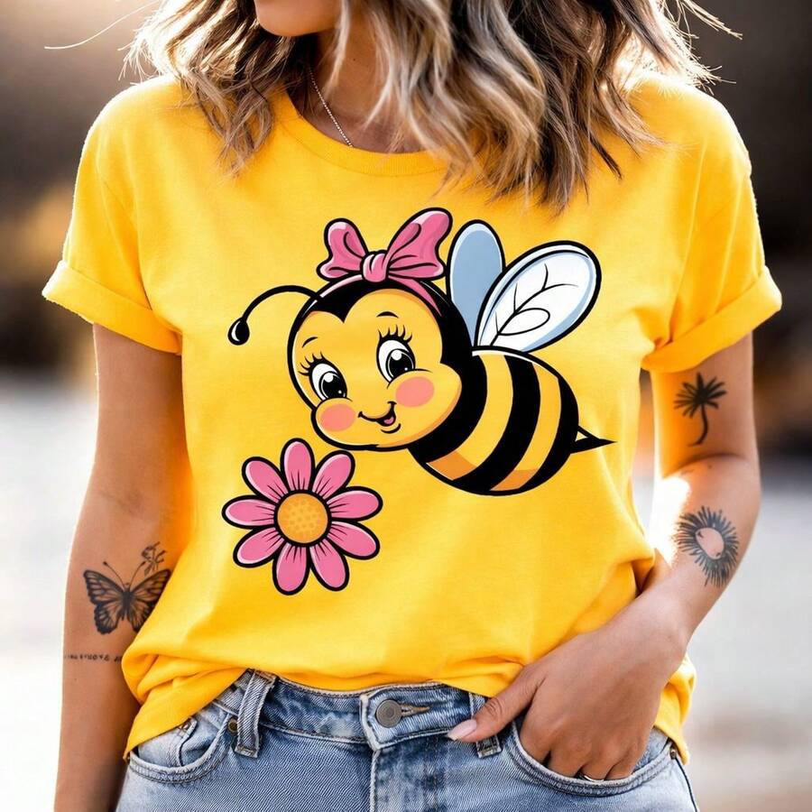 Women's Bee T-Shirt With Bow, Round Neck, Short Sleeve, 100% Cotton - 黃色 - 查看 1