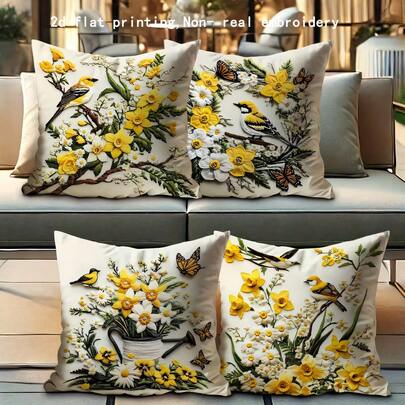 4pcs Yellow Daffodil, Chrysanthemum, Green Leaf, Butterfly Printed Throw Pillow Covers, 2D Flat Printing, Non-Real Embroidery - Soft & Comfortable Polyester Cushion Covers, 45x45cm (17.72x17.72inch), Zippered, Suitable For Home Decor, Living Room, Bedroom, Porch, Garden, Hotel, Cafe, Outdoor (Cushion Covers Only - Insert Not Included)