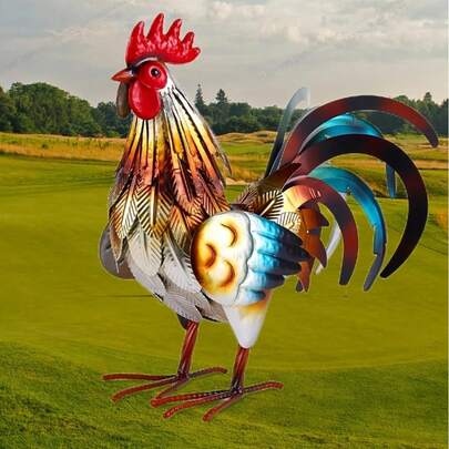 彩色金属公鸡雕塑 - 非常适合装饰草坪、露台、花园和门廊，1 件装