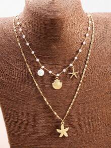 2件套夏季清新仿珍珠项链，带吊坠，时尚海洋生物吊坠首饰套装，适合女性日常/度假佩戴，手工制作，长度可调节，仿珍珠珠子数量不等 - 彩色 - 查看 2