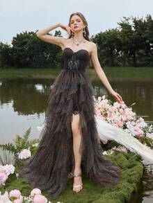 Faeriesty Women's Leopard Print Strapless Ruffle Hem Slit Design Evening Gown Dress, Suitable For Modern Art Gallery Openings And Avant-Garde Galas - Brown - View 4