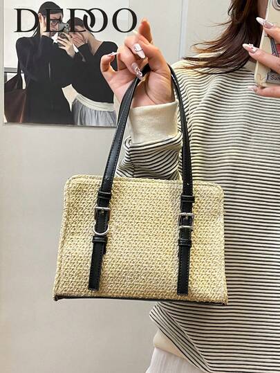 Dedoo Minimalistischer, frischer Kontrastfarben-Gewebetextur Strohbeutel, kleine Schultertasche für Frühling/Sommer, abnehmbarer breiter Riemen für Umhänge- oder Handtrageoption, geeignet für täglichen Pendlerverkehr und Einkaufen