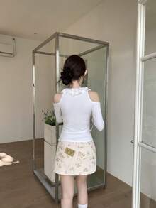 性感荷叶边露肩修身长袖上衣 - 白色 - 查看 5