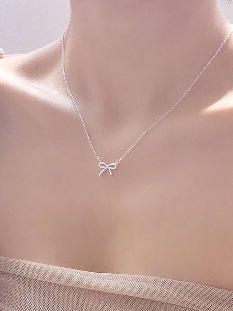 S925 Sterling Silver Bowknot Necklace, Unique Ins Style Delicate Choker Necklace, Gift Box Packaging For Girlfriend Birthday
