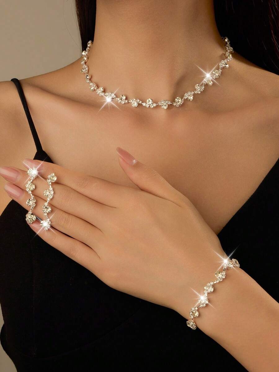 Elegante conjunto de joyería nupcial minimalista, incluye collar, aretes, pulsera y anillo - accesorio versátil y clásico para uso diario, fiesta, evento, verano, joyería, festival, accesorios - conjunto de joyas - Ver 1