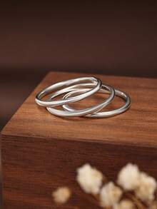 3 piezas Anillos de banda lisa de plata de ley 925, minimalistas y elegantes para uso diario y regalo de boda para mujeres - Plateado - Ver 9