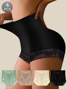 QUASTI 4 piezas de bragas de cintura alta para mujer, control y elevación del abdomen, unicolor y estampado de encaje floral, cómodas y transpirables - Multicolor - Ver 2