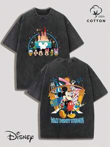 DisneyTheme Castle Family Reunion Print Summer Casual Men's Y2K Style Retro Washed Short-Sleeve Shirt, Washable, Ideal For Everyday Sports And Outdoors, Perfect Gift For Boyfriend/Family/Couple Outfits. - Noir - Voir 1
