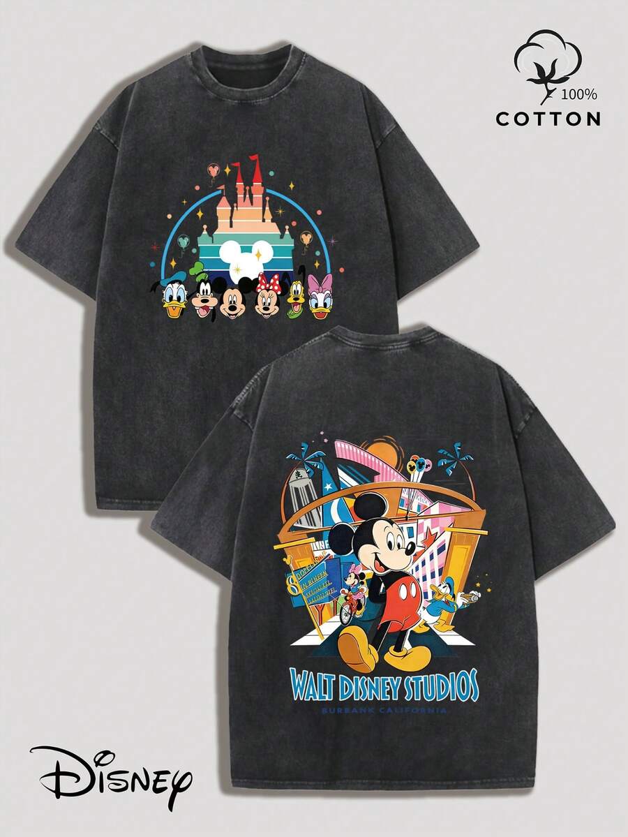 DisneyTheme Castle Family Reunion Print Summer Casual Men's Y2K Style Retro Washed Short-Sleeve Shirt, Washable, Ideal For Everyday Sports And Outdoors, Perfect Gift For Boyfriend/Family/Couple Outfits. - Noir - Voir 1