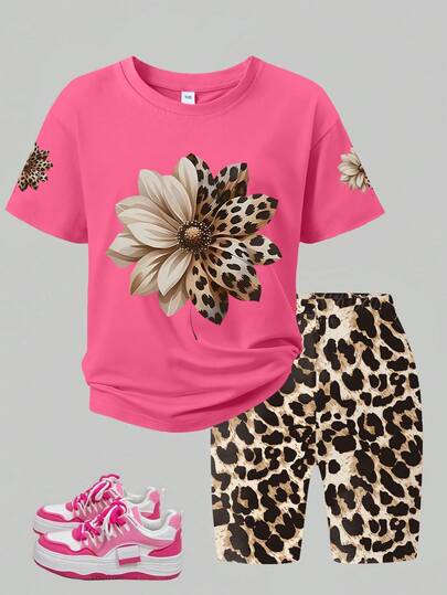 2件套青少年夏季宽松短袖T恤和豹纹短裤套装，休闲简约风格，适合上学/运动/户外活动